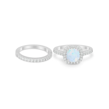Two Piece Cushion Art Deco Wedding Ring Lab Created White Opal 925 Sterling Silver